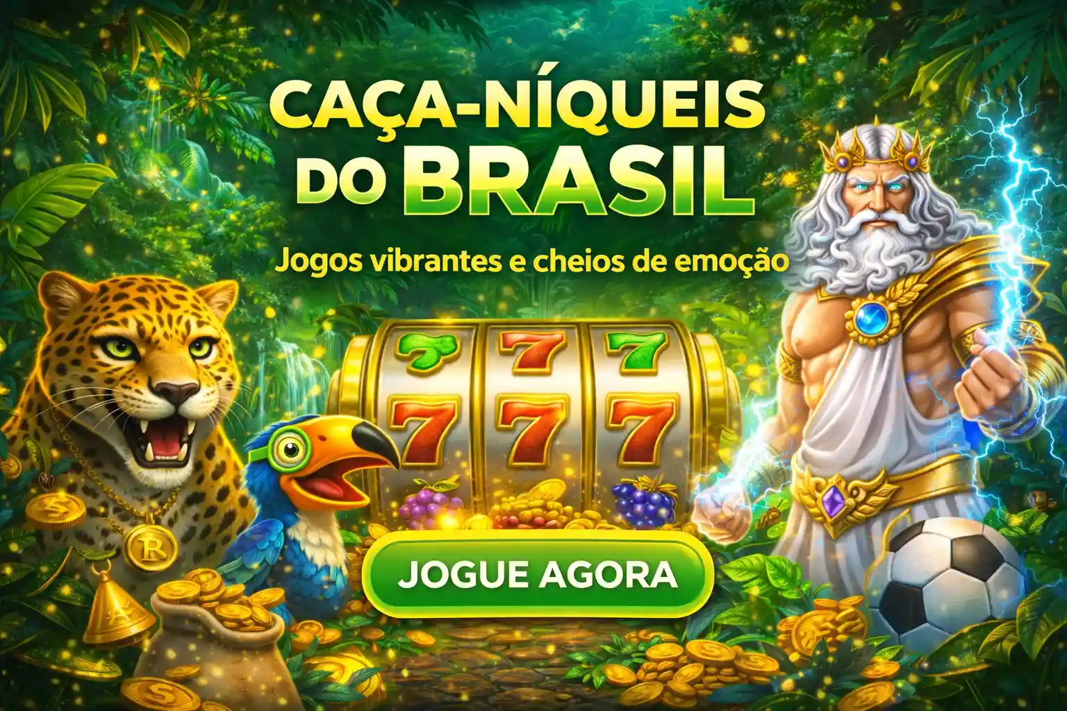 Onça, arara e Zeus ao redor de slot 777 em floresta tropical brasileira