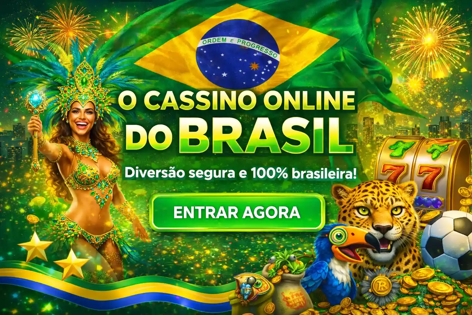 Dançarina brasileira com bandeira do Brasil, onça, arara e caça-níqueis dourado