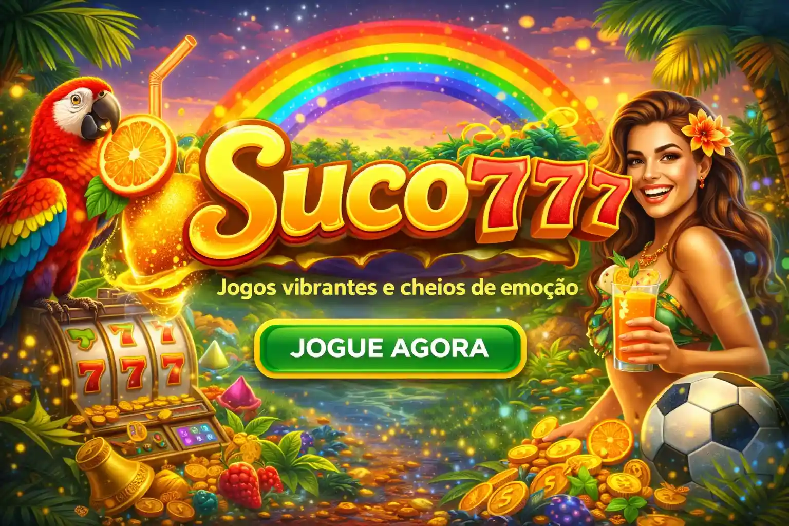 Banner Suco777 com arara, arco-íris, moedas e mulher segurando suco tropical
