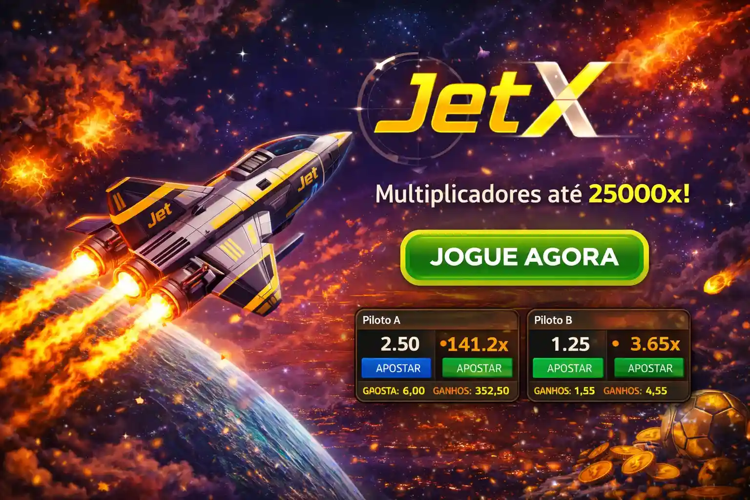 Foguete JetX decolando no espaço com multiplicadores altos e interface de apostas