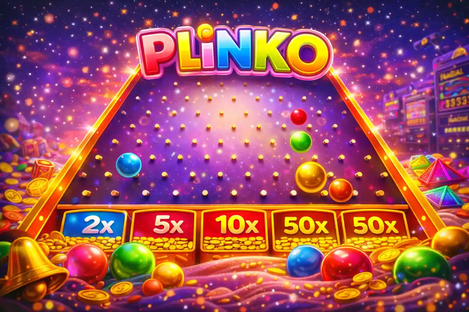 Tabuleiro Plinko com bolas coloridas, pinos dourados e multiplicadores de prêmio