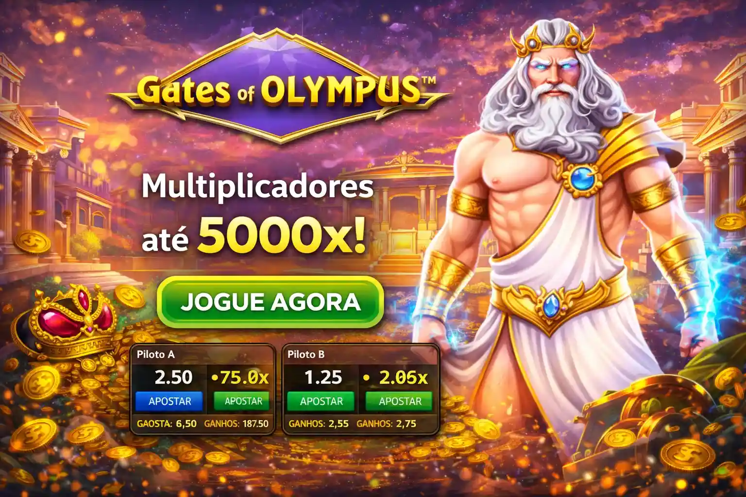 Zeus em slot Gates of Olympus com multiplicadores altos e moedas douradas
