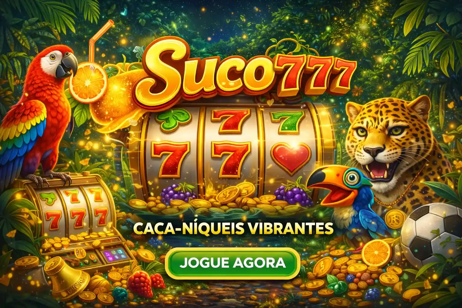 Slot Suco777 com frutas, moedas douradas, onça e arara em cenário tropical