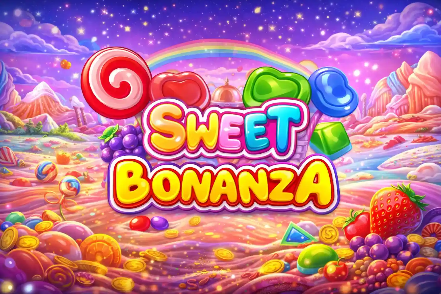 Cenário colorido Sweet Bonanza com doces, frutas, arco-íris e moedas
